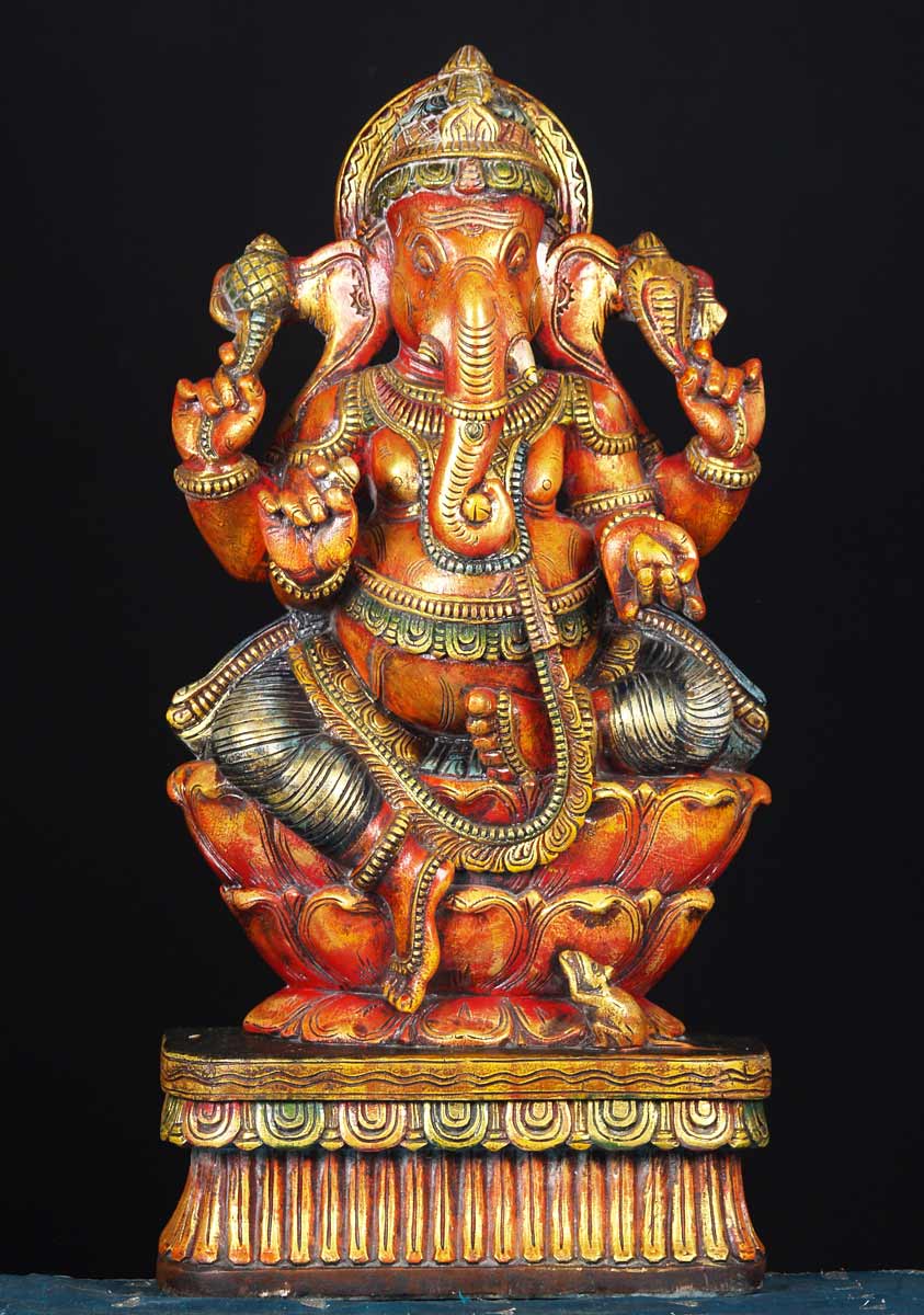 Wood Ganesh on Lotus Base 36"